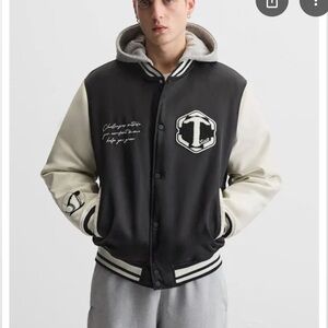 Zara Black and Cream Bomber Jacket with Varsity Style